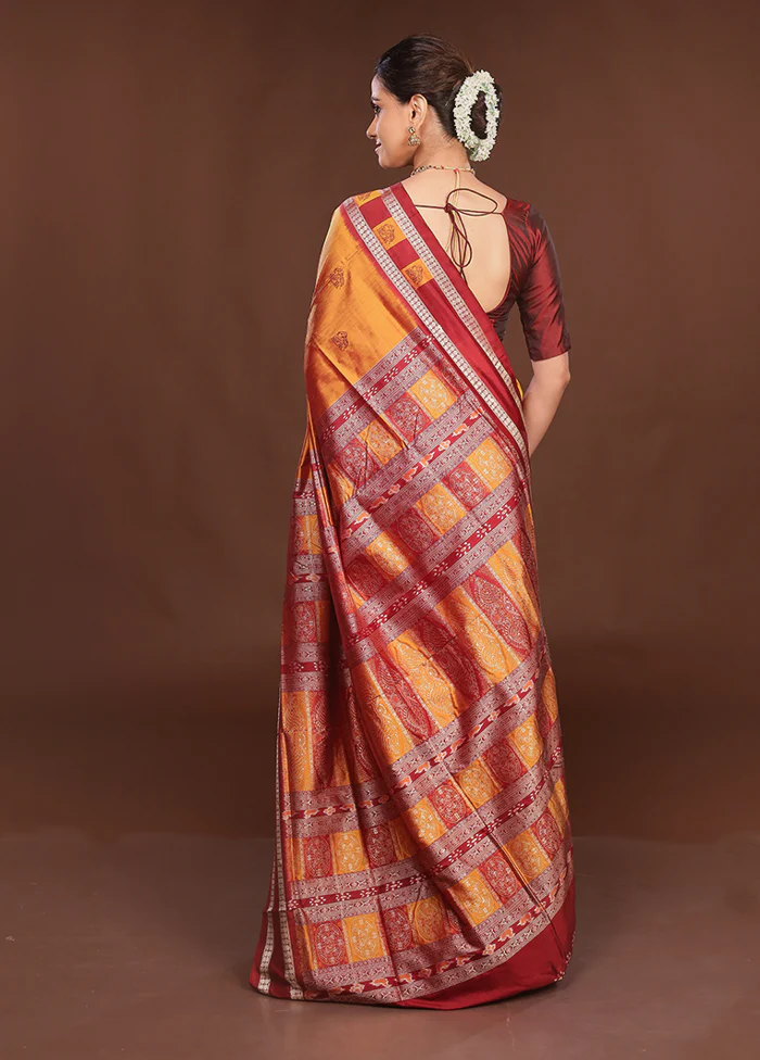 Yellow Handloom Bomkai Pure Silk Saree With Blouse Piece - Image 3
