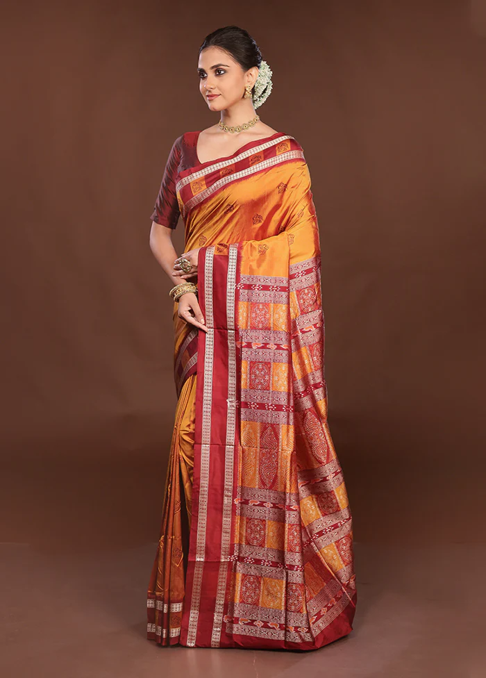Yellow Handloom Bomkai Pure Silk Saree With Blouse Piece - Image 4