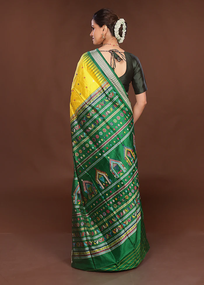 Yellow Handloom Bomkai Pure Silk Saree With Blouse Piece - Image 3