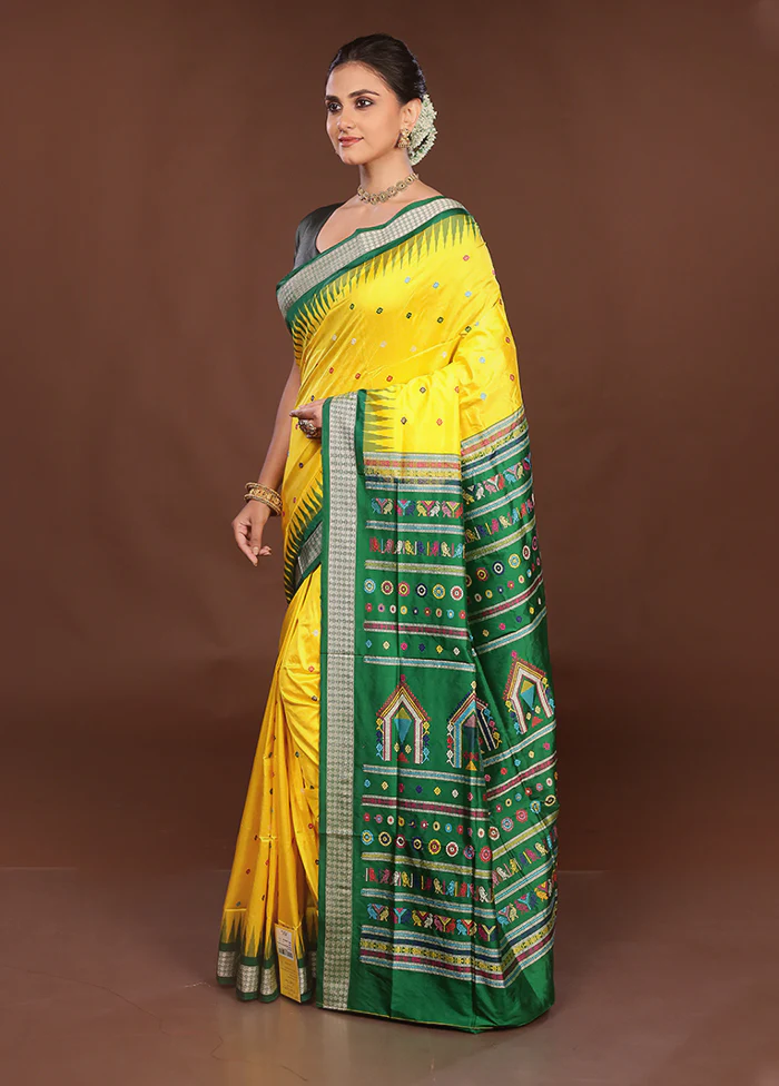 Yellow Handloom Bomkai Pure Silk Saree With Blouse Piece - Image 4