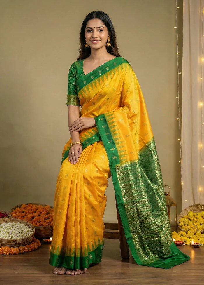Yellow Handloom Bomkai Pure Silk Saree With Blouse Piece - Image 3