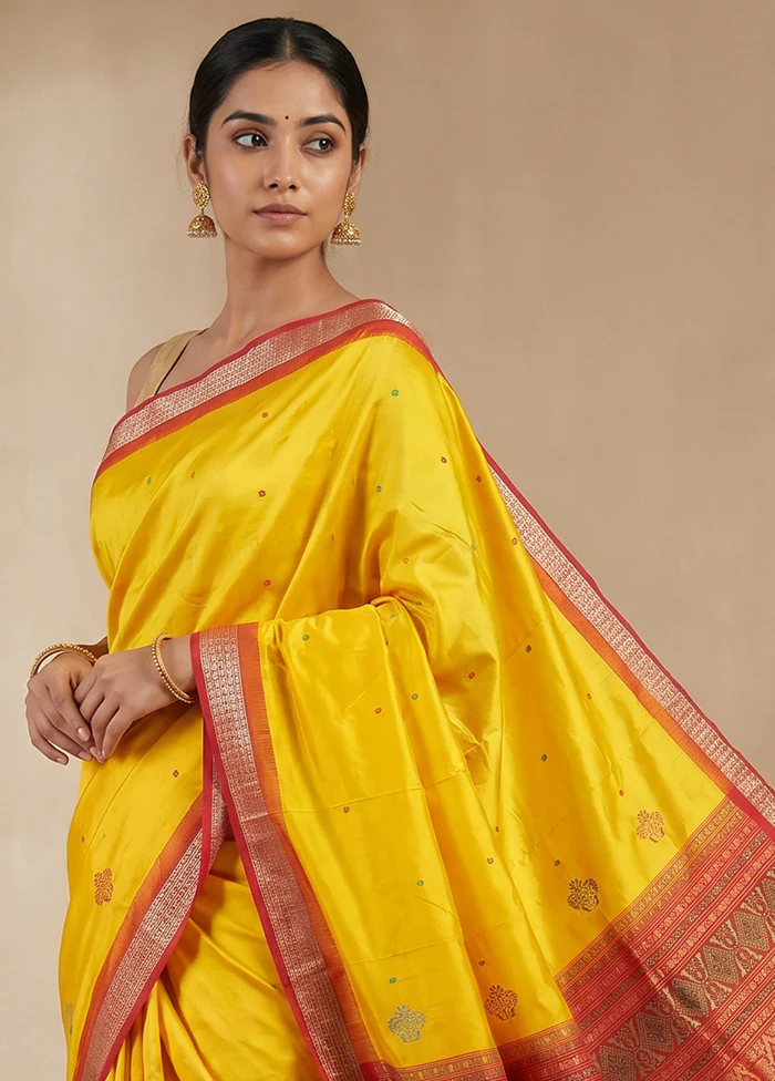 Yellow Handloom Bomkai Pure Silk Saree With Blouse Piece - Image 2