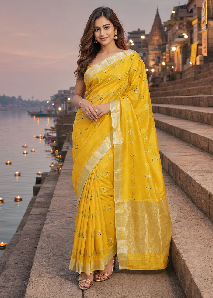 Yellow Handloom Chanderi Pure Silk Saree With Blouse Piece