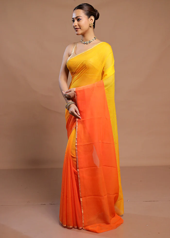 Yellow Handloom Chiffon Pure Silk Saree With Blouse Piece - Image 4