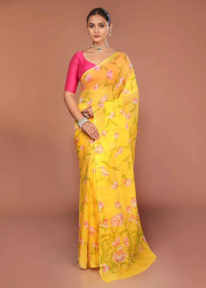 Yellow Handloom Chiffon Pure Silk Saree With Blouse Piece - Image 2
