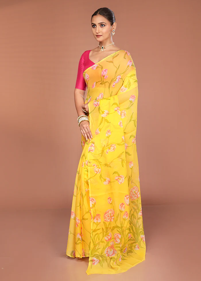Yellow Handloom Chiffon Pure Silk Saree With Blouse Piece - Image 4