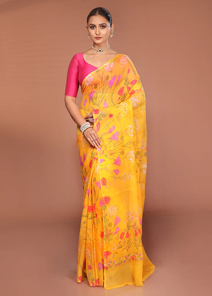 Yellow Handloom Chiffon Pure Silk Saree With Blouse Piece - Image 2