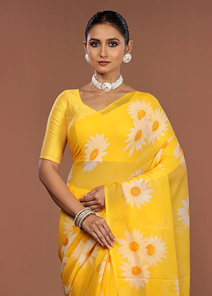 Yellow Handloom Chiffon Pure Silk Saree With Blouse Piece