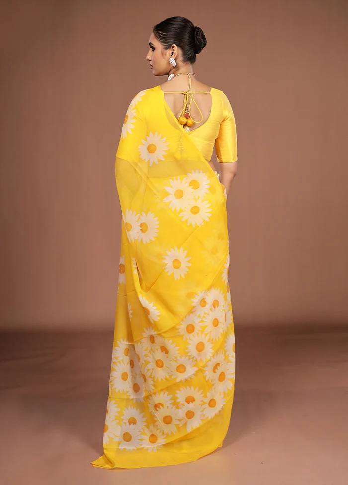 Yellow Handloom Chiffon Pure Silk Saree With Blouse Piece - Image 3