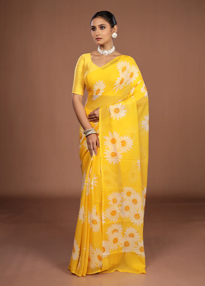 Yellow Handloom Chiffon Pure Silk Saree With Blouse Piece - Image 4