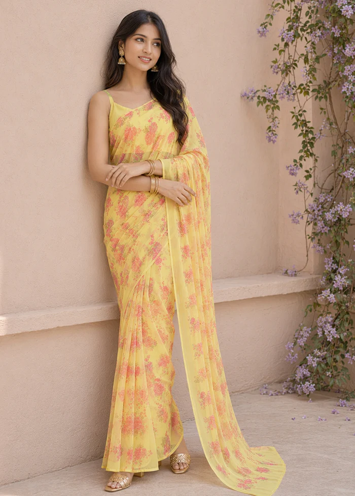 Yellow Handloom Chiffon Pure Silk Saree With Blouse Piece - Image 3