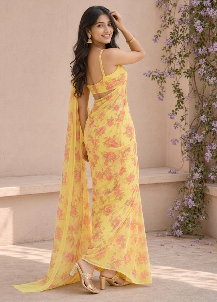 Yellow Handloom Chiffon Pure Silk Saree With Blouse Piece - Image 4