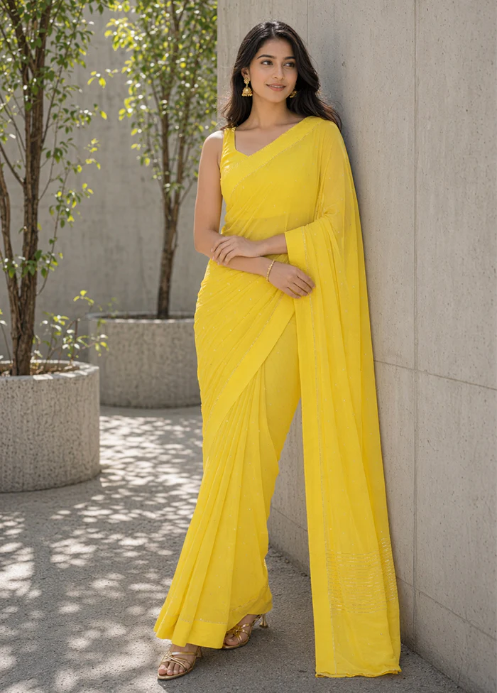 Yellow Handloom Chiffon Pure Silk Saree With Blouse Piece - Image 3