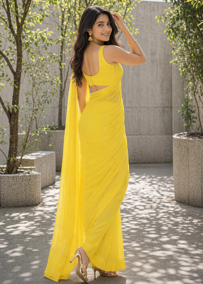Yellow Handloom Chiffon Pure Silk Saree With Blouse Piece - Image 4