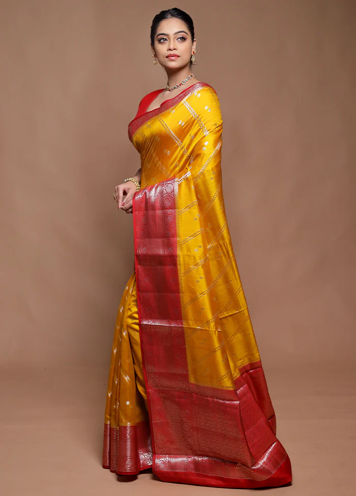Yellow Handloom Dupion Pure Silk Saree With Blouse Piece - Image 4