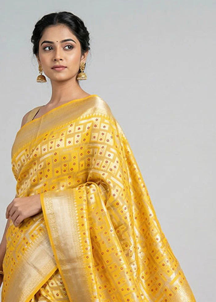 Yellow Handloom Dupion Pure Silk Saree With Blouse Piece - Image 2