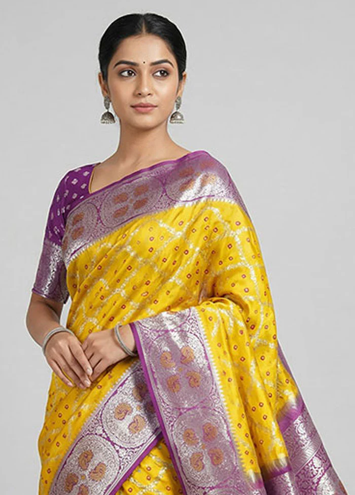 Yellow Handloom Dupion Pure Silk Saree With Blouse Piece - Image 2