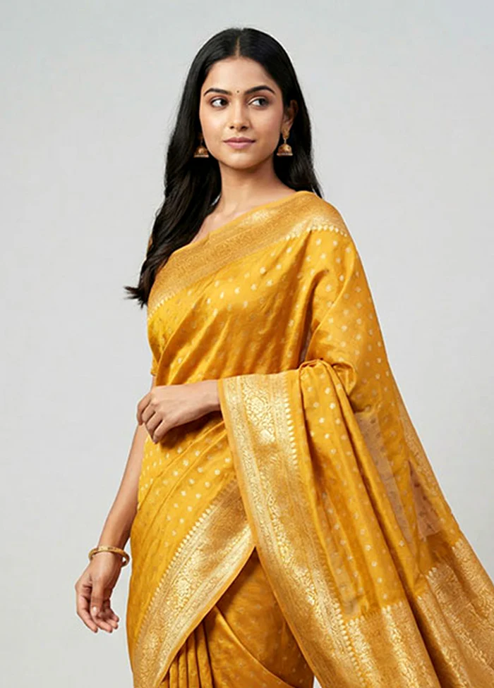 Yellow Handloom Dupion Silk Saree With Blouse Piece - Image 2