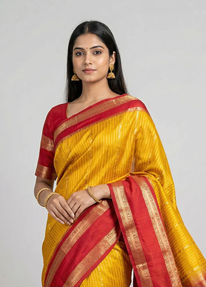 Yellow Handloom Dupion Pure Silk Saree With Blouse Piece - Image 2