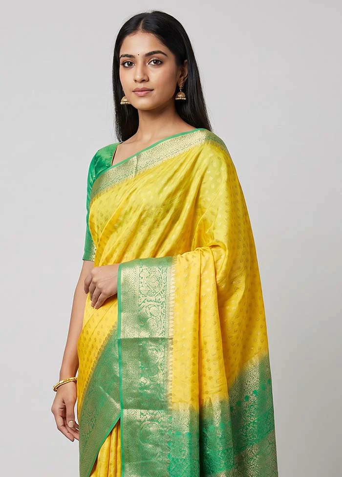 Yellow Handloom Dupion Pure Silk Saree With Blouse Piece - Image 2