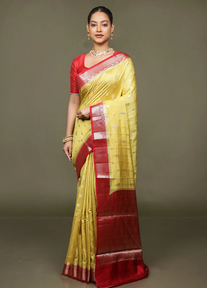 Yellow Handloom Dupion Pure Silk Saree With Blouse Piece - Image 2