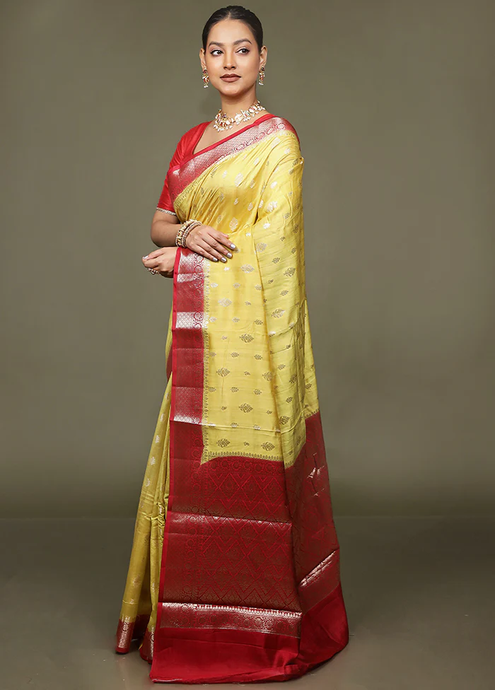 Yellow Handloom Dupion Pure Silk Saree With Blouse Piece - Image 4