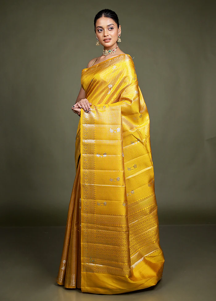 Yellow Handloom Dupion Pure Silk Saree With Blouse Piece - Image 4