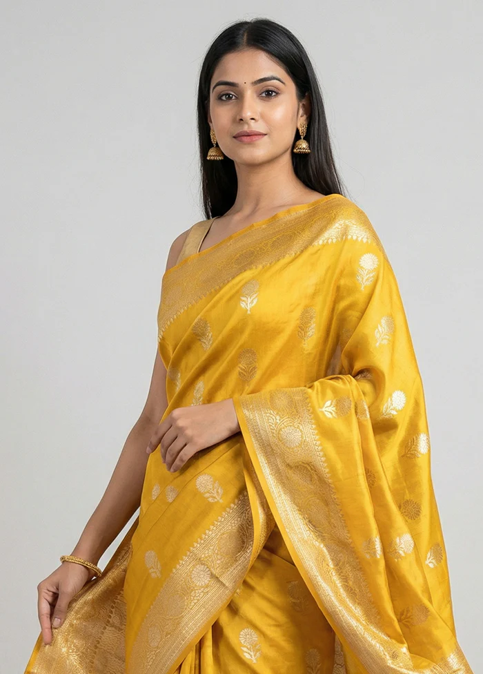 Yellow Handloom Dupion Pure Silk Saree With Blouse Piece - Image 2