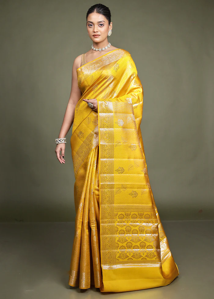Yellow Handloom Dupion Pure Silk Saree With Blouse Piece - Image 2