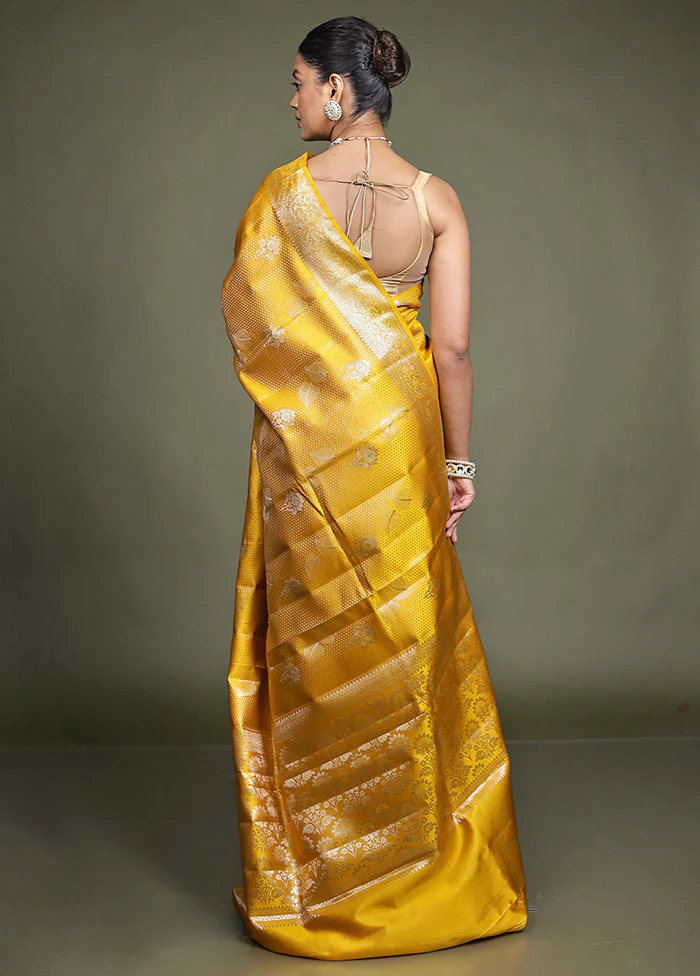 Yellow Handloom Dupion Pure Silk Saree With Blouse Piece - Image 3