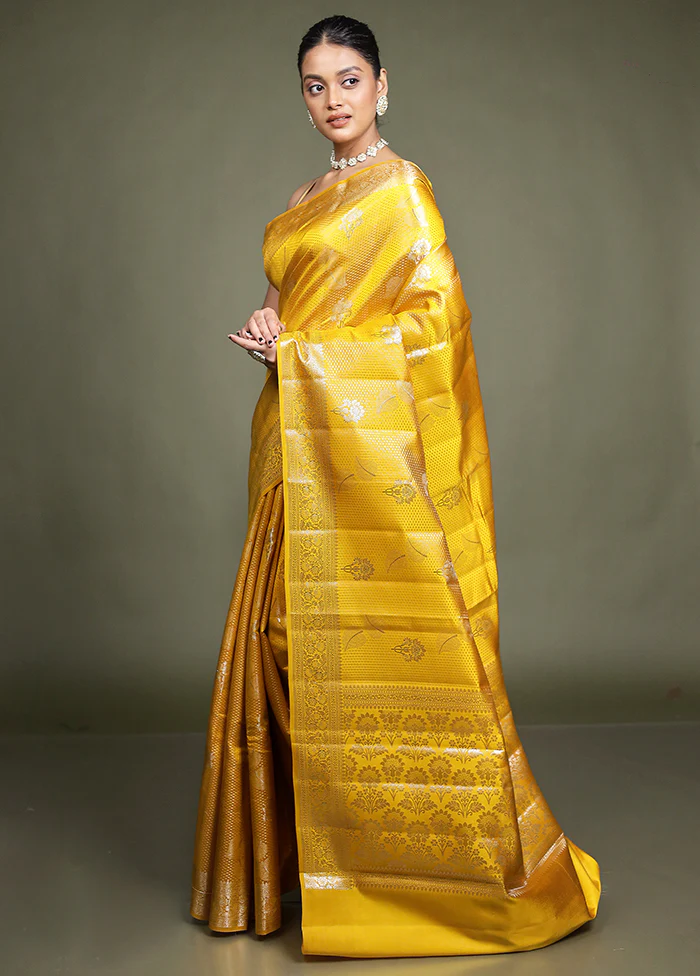 Yellow Handloom Dupion Pure Silk Saree With Blouse Piece - Image 4