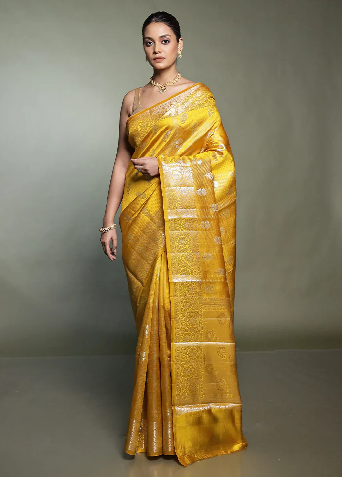 Yellow Handloom Dupion Pure Silk Saree With Blouse Piece - Image 2