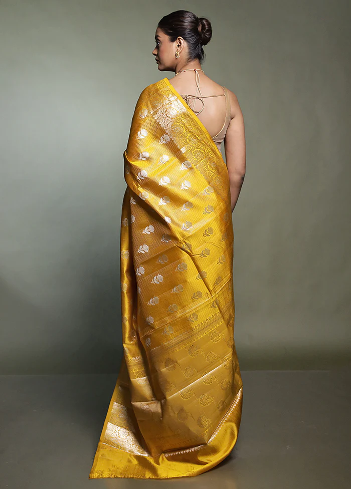 Yellow Handloom Dupion Pure Silk Saree With Blouse Piece - Image 3