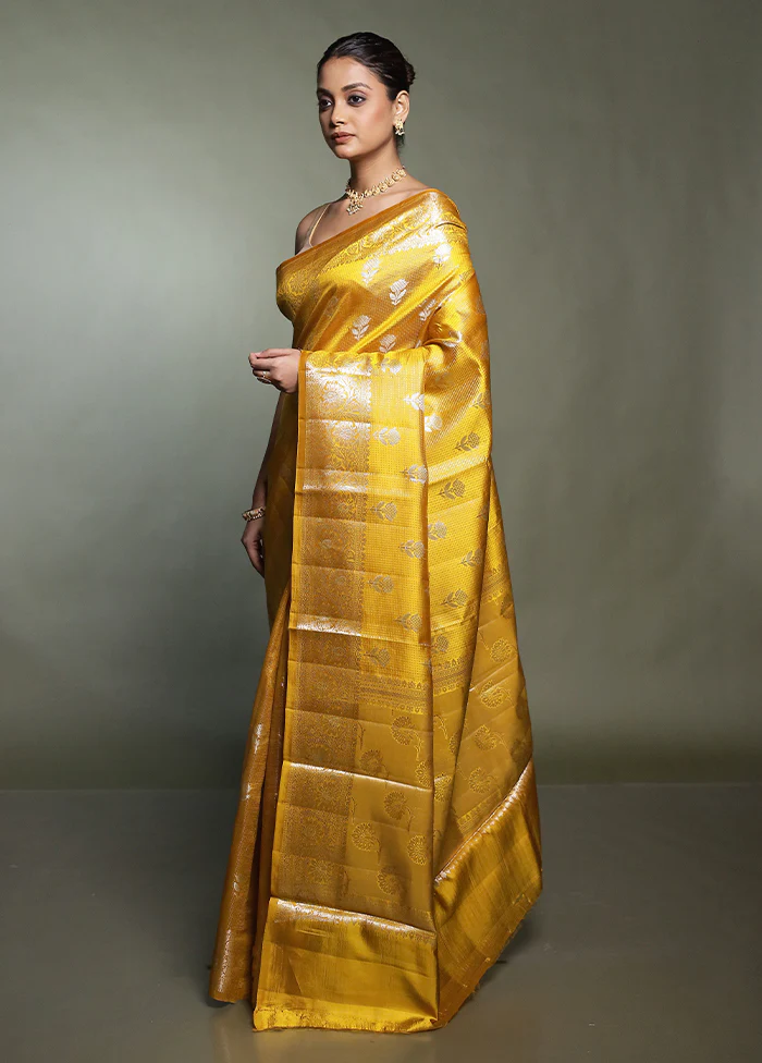 Yellow Handloom Dupion Pure Silk Saree With Blouse Piece - Image 4