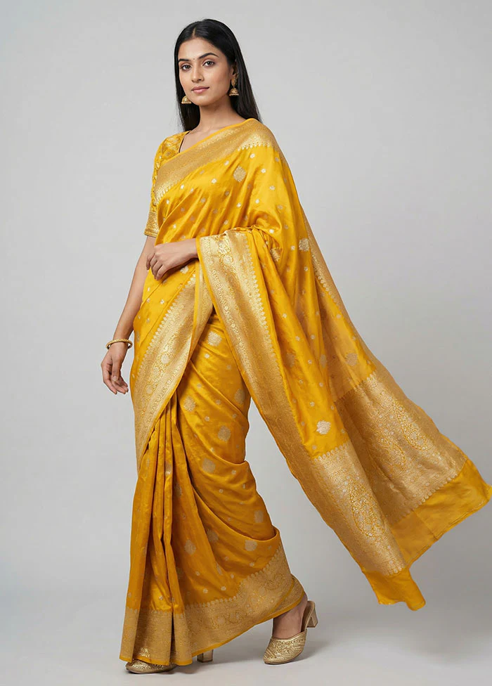 Yellow Handloom Dupion Pure Silk Saree With Blouse Piece