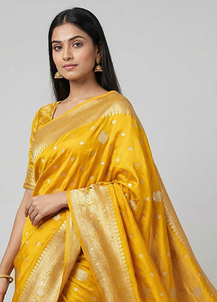 Yellow Handloom Dupion Pure Silk Saree With Blouse Piece - Image 2