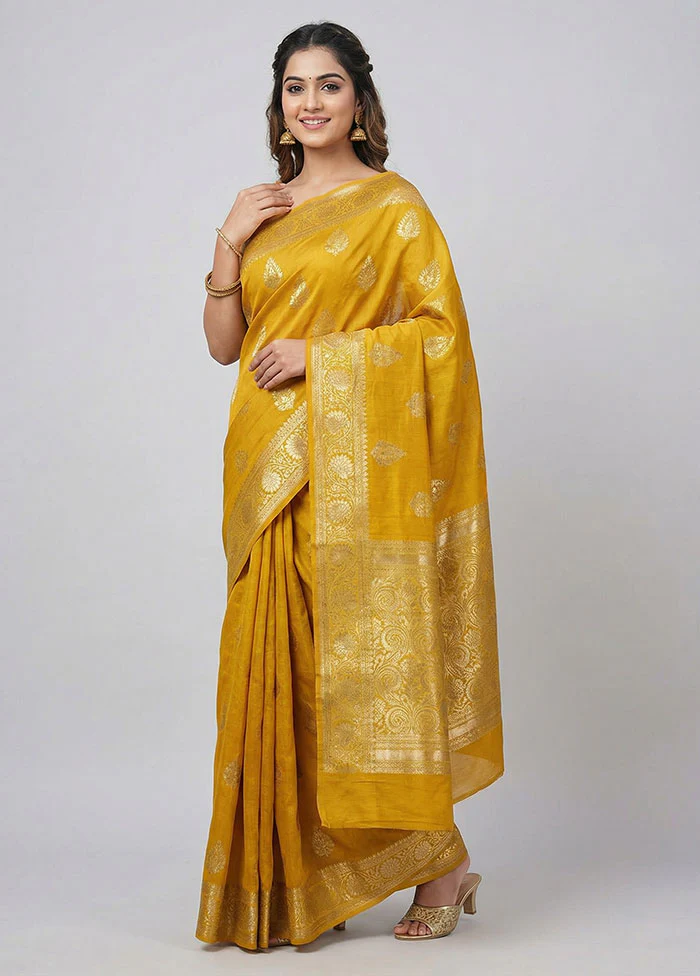 Yellow Handloom Dupion Pure Silk Saree With Blouse Piece