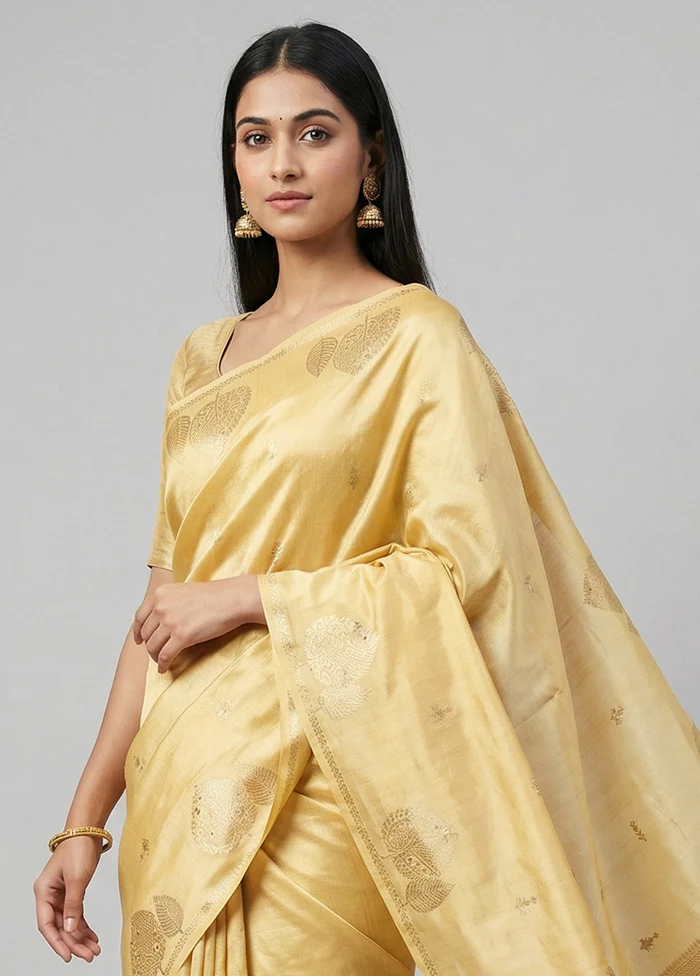 Yellow Handloom Dupion Pure Silk Saree With Blouse Piece - Image 2