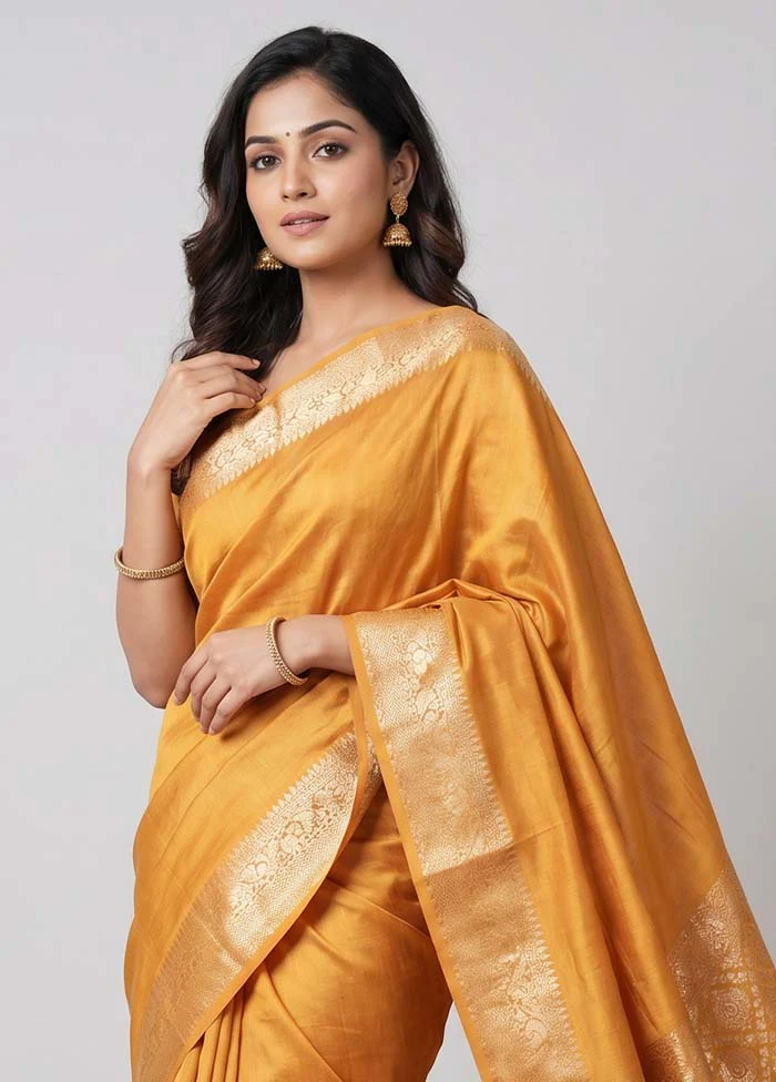 Yellow Handloom Dupion Pure Silk Saree With Blouse Piece - Image 2
