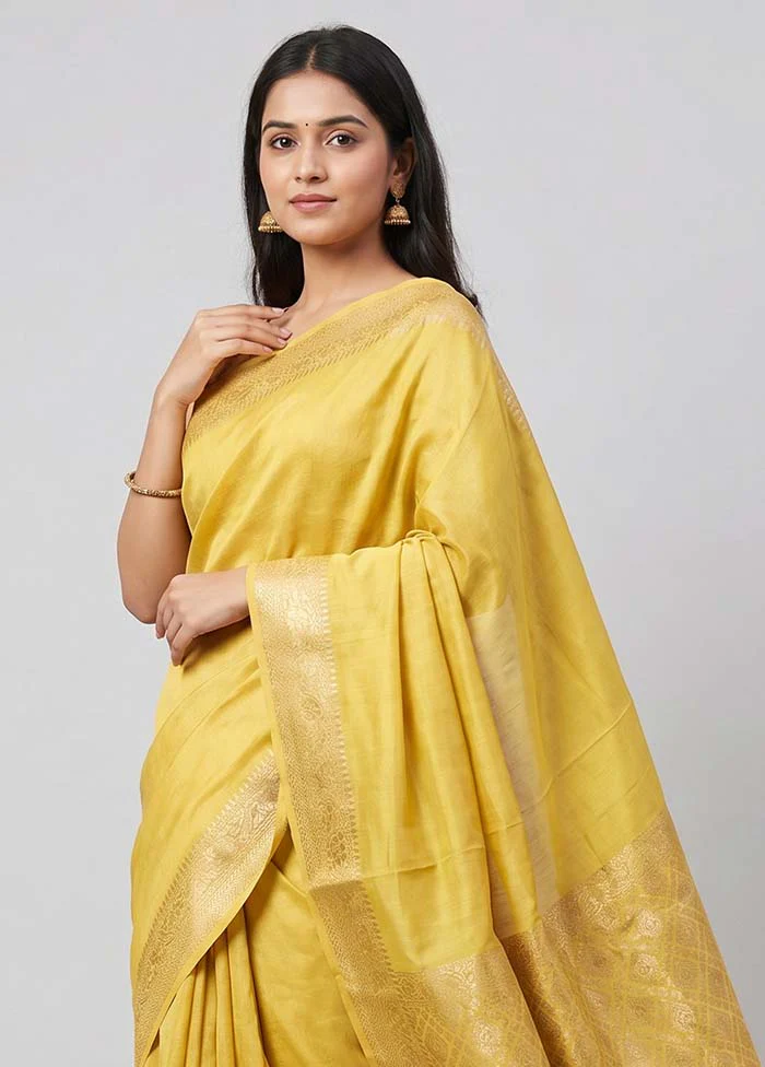 Yellow Handloom Dupion Pure Silk Saree With Blouse Piece - Image 2