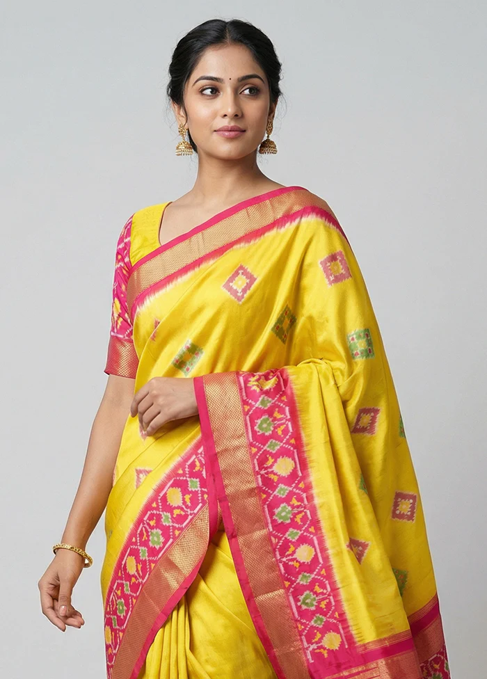 Yellow Handloom Ikkat Pure Silk Saree With Blouse Piece - Image 2