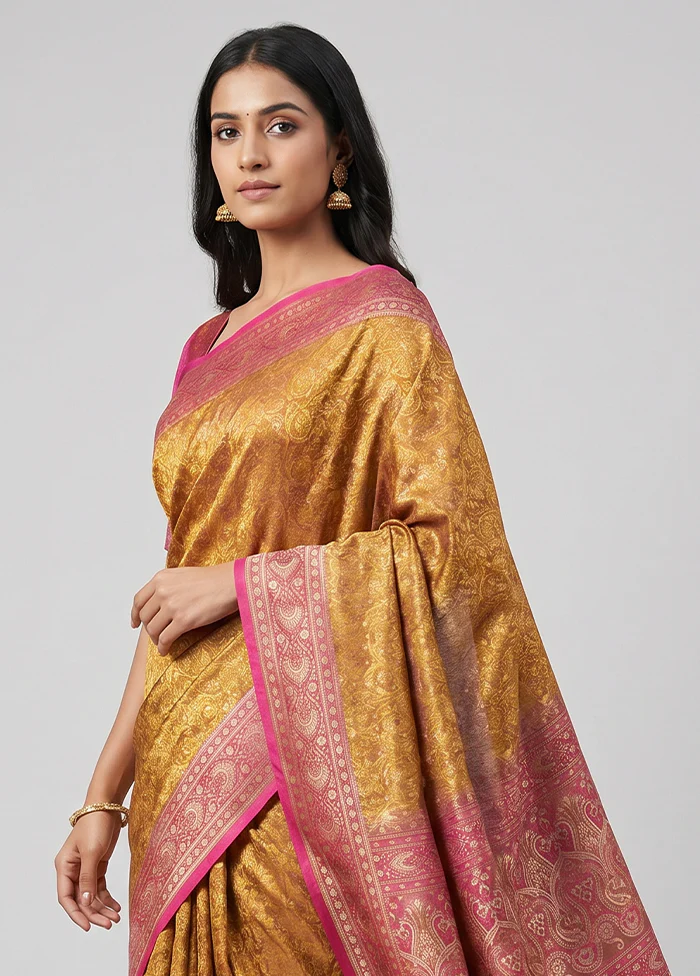 Yellow Handloom Jamewar Pure Silk Saree With Blouse Piece - Image 2