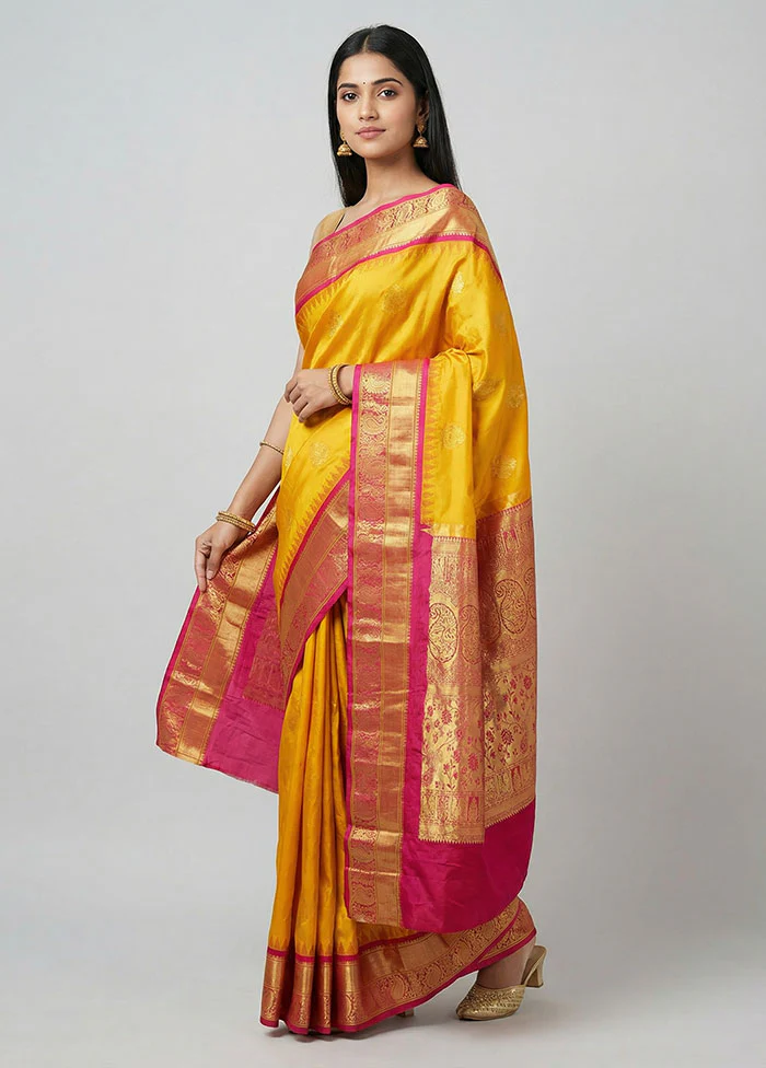Yellow Handloom Kanchipuram Pure Silk Saree With Blouse Piece