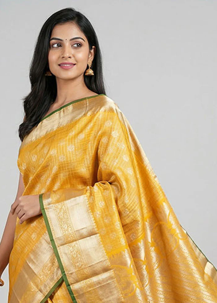 Yellow Handloom Kanchipuram Pure Silk Saree With Blouse Piece - Image 2