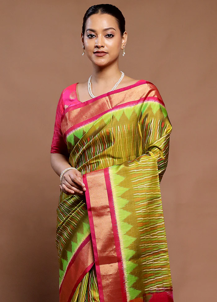 Yellow Handloom Kanchipuram Pure Silk Saree With Blouse Piece - Image 2