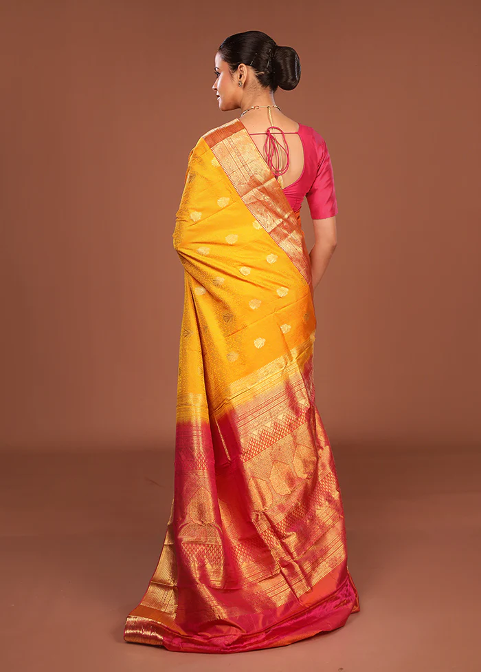 Yellow Handloom Kanchipuram Pure Silk Saree With Blouse Piece - Image 3