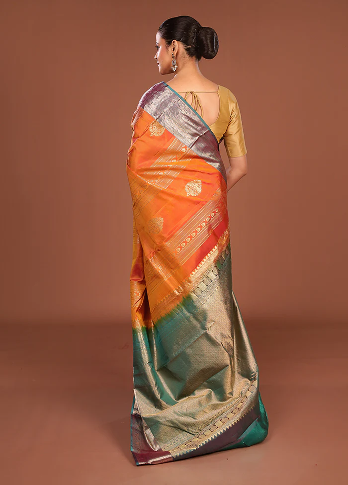 Yellow Handloom Kanchipuram Pure Silk Saree With Blouse Piece - Image 3