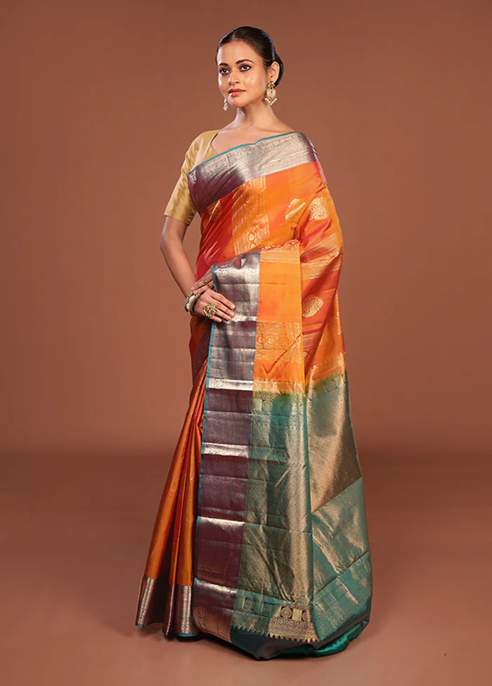 Yellow Handloom Kanchipuram Pure Silk Saree With Blouse Piece - Image 4