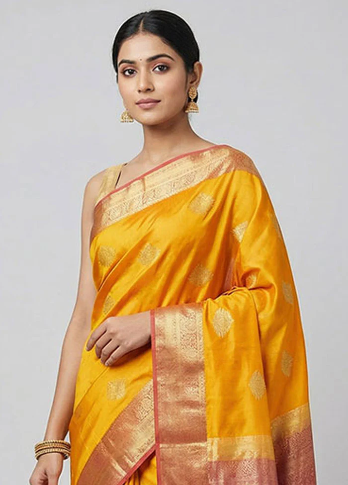 Yellow Handloom Kanchipuram Pure Silk Saree With Blouse Piece - Image 2
