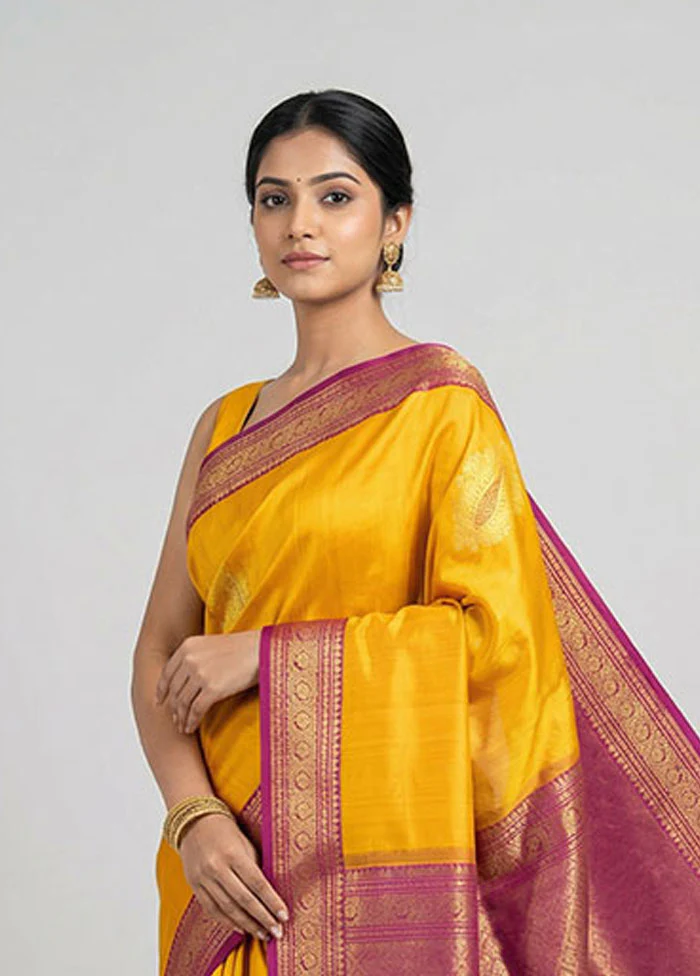 Yellow Handloom Kanchipuram Pure Silk Saree With Blouse Piece - Image 2